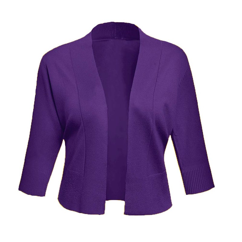 AAMILIFE Women's 3/4 Sleeve Cropped Cardigans Sweaters Jackets Open Front Short Shrugs for Dresses (Large, Purple) - Image 2